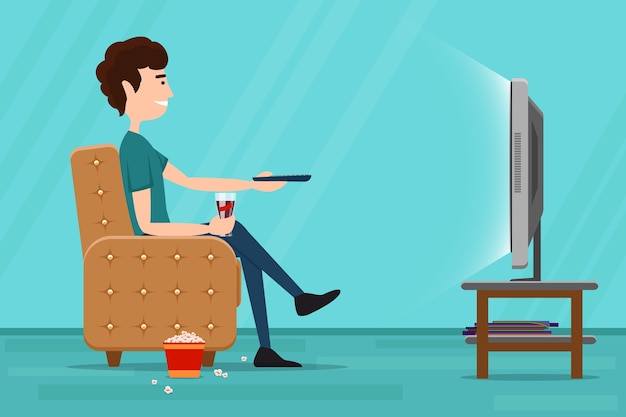 Uomo che guarda la televisione sulla poltrona. tv e seduto in poltrona, bevendo e mangiando. vector piatta illustrazione