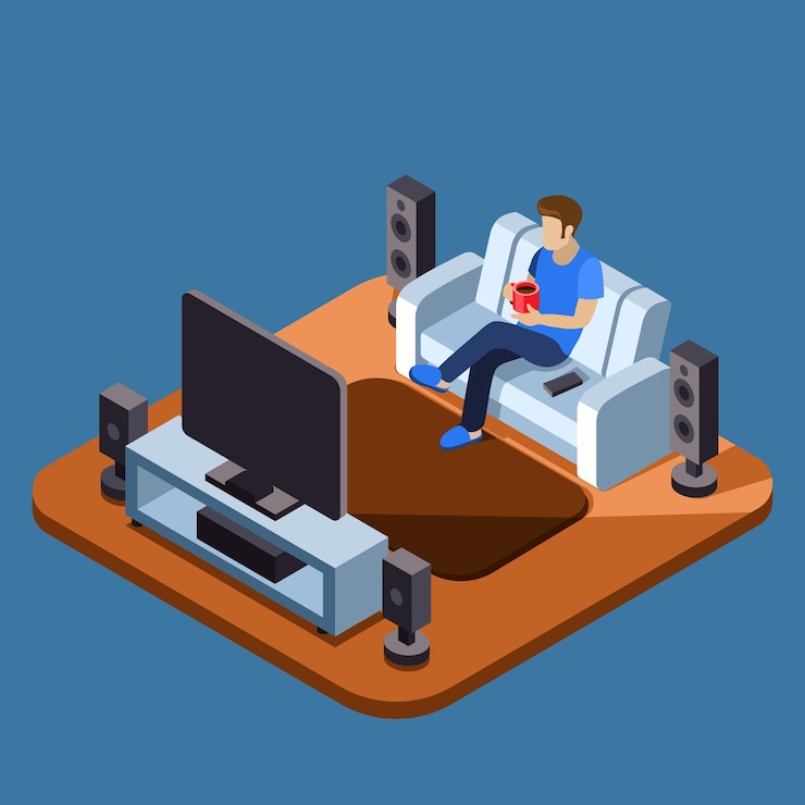 Free Vector man watching television on sofa