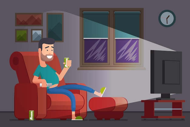 無料ベクター テレビを見ながらビールを飲む男。椅子の怠惰なスラッカーはテレビを見ます。図