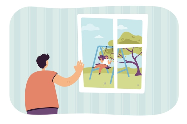Мужчина машет другу, качающемуся на качелях через окно. Мальчик сидит дома и смотрит на девушку на открытом воздухе с плоской векторной иллюстрацией. Концепция пандемии для баннера, дизайна веб-сайта или целевой веб-страницы
