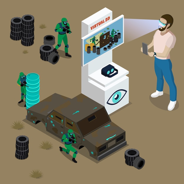 Бесплатное векторное изображение Человек в 3d очках и играет виртуальный игровой автомат изометрии векторная иллюстрация