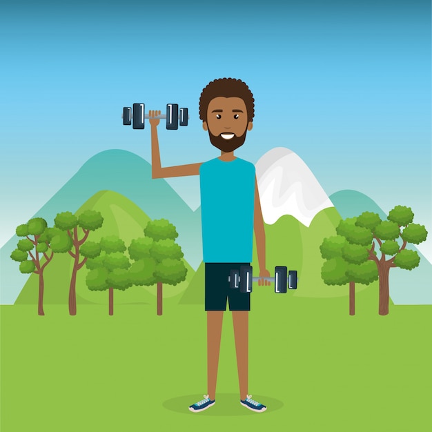 Free vector man weight lifting in the field