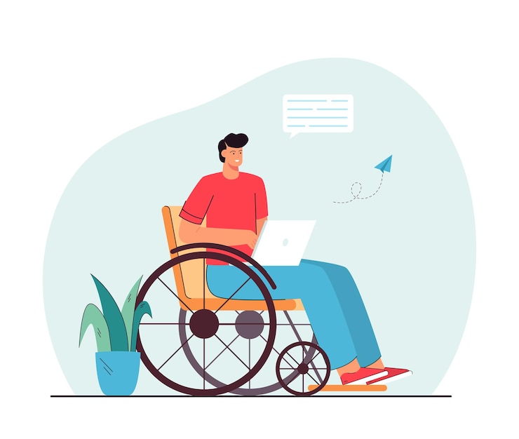 Free Vector man in wheelchair communicating online. disabled male character holding laptop, sending messages, smiling.