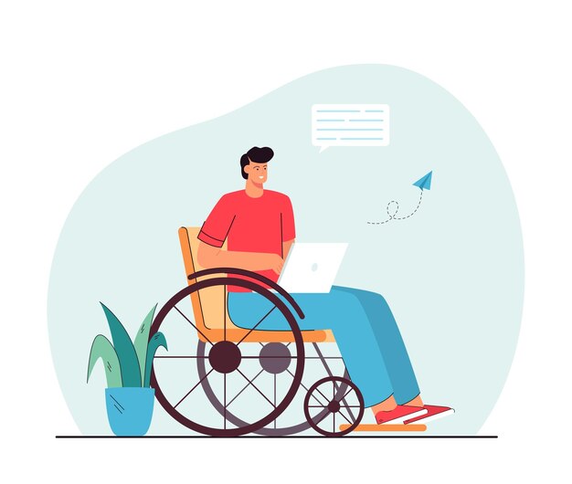 Man in wheelchair communicating online. Disabled male character holding laptop, sending messages, smiling.
