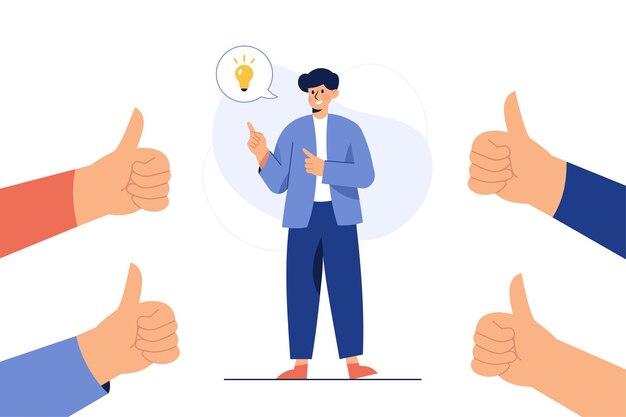 Free vector a man who thinks idea and is admired by thumbs up
