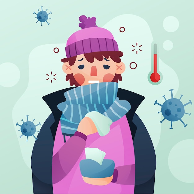 Бесплатное векторное изображение Человек с простудой в окружении коронавирусных бактерий