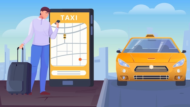 A man with bags orders a taxi through the app flat illustration