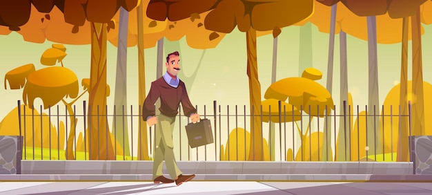 Vettore gratuito uomo con valigetta a piedi nel parco d'autunno