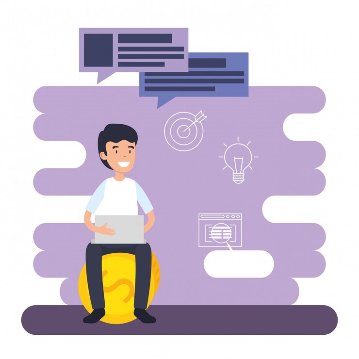 Free Vector man with business coins and chat bubbles