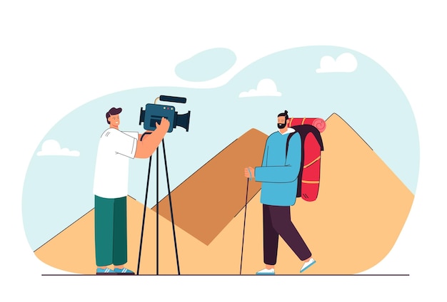 エジプトのピラミッドを背景にヒッチハイクの観光客の前にカメラを持つ男。トラベラーフラットベクトルイラストを撮影するカメラマン。バナー、ウェブサイトのデザインまたはランディングウェブページの旅行のコンセプト