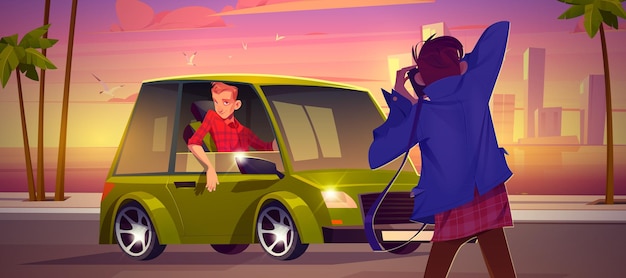 Free vector man with camera take photo of driver in car