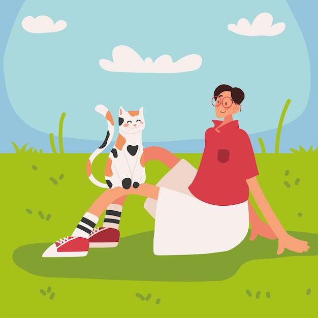 Free vector man with cat in the grass