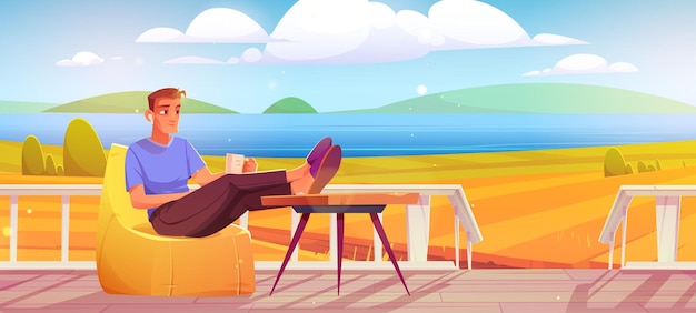 Free vector man with coffee cup relax at outdoor home terrace