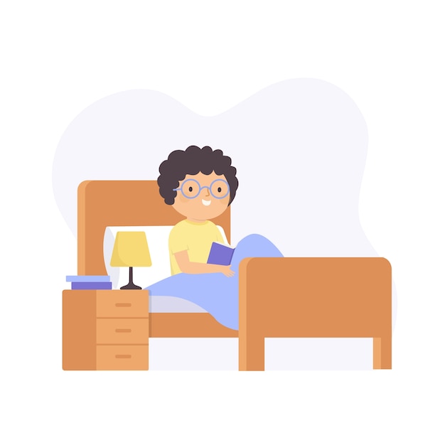 Man with curly hair reading a book in bed