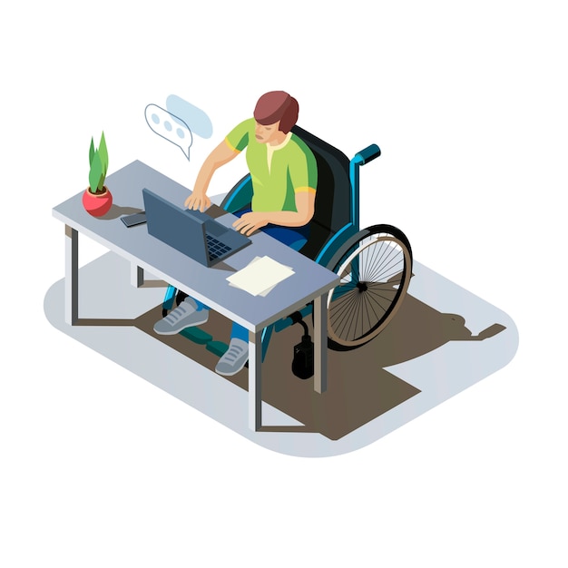 Free vector man with disabilities at desk working on a computer. invalid person in a wheelchair doing work or communicate online. handicapped character at workplace, isometric illustration.