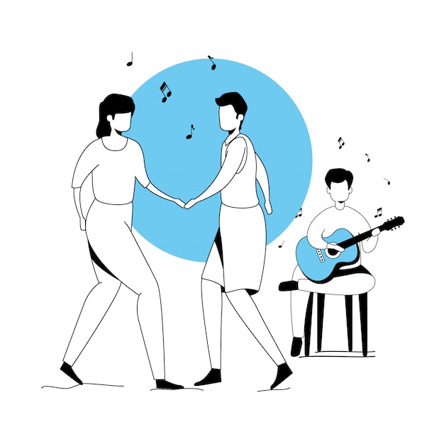 Free vector man with guitar and couple dancing