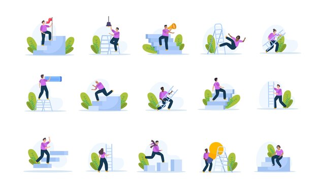 Free vector man with ladder set of flat isolated icons with human characters and stairs on blank background vector illustration