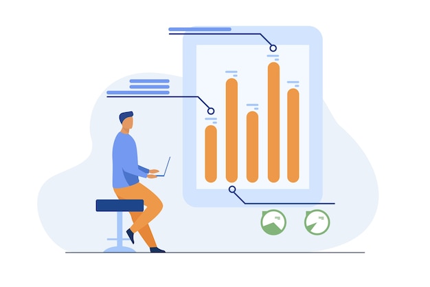 Man with laptop analyzing infographics. Diagram, bar chart, report flat vector illustration. Analysis, marketing, project manager