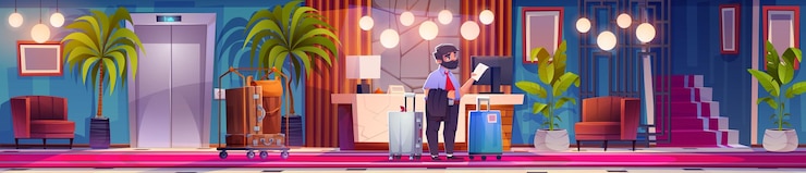 Free Vector man with luggage in hotel lobby room wait checkin cartoon background business hostel office hallway interior with trolley elevator armchair and lamp panoramic illustration male tourist in hall