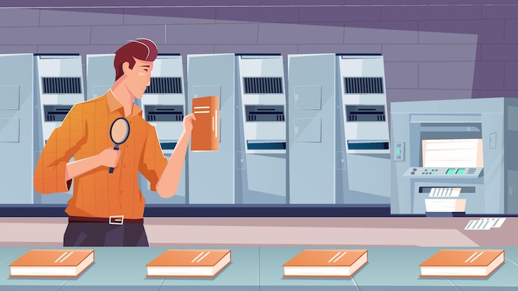 Free Vector man with magnifying glass holding new book standing next to conveyor flat