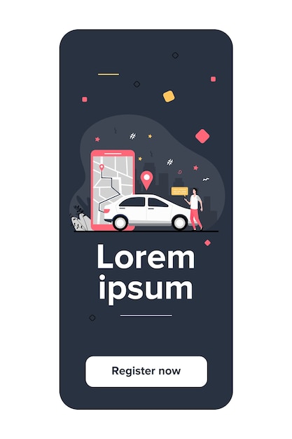 Man with map on smartphone renting car. driver using car sharing app on phone and searching vehicle. vector illustration for transport, transportation, urban traffic, location app concept