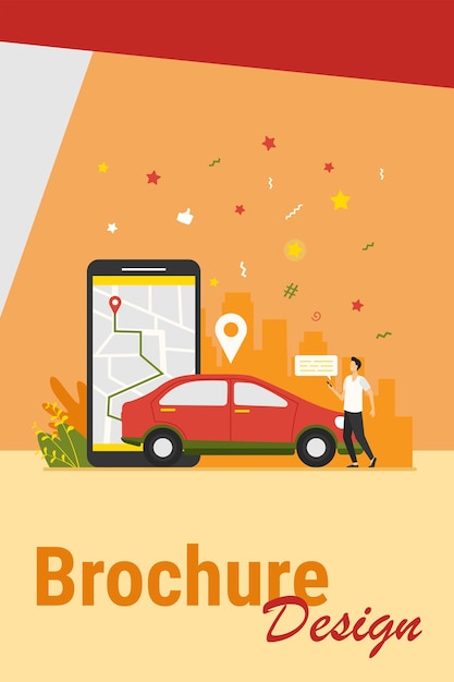 Man with map on smartphone renting car. driver using car sharing app on phone and searching vehicle. vector illustration for transport, transportation, urban traffic, location app concept.