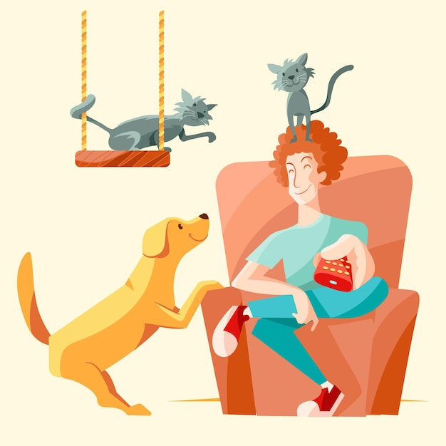 Free vector man with pets watching tv