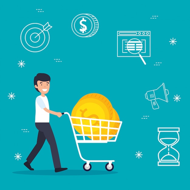 Free vector man with shopping car and business coins