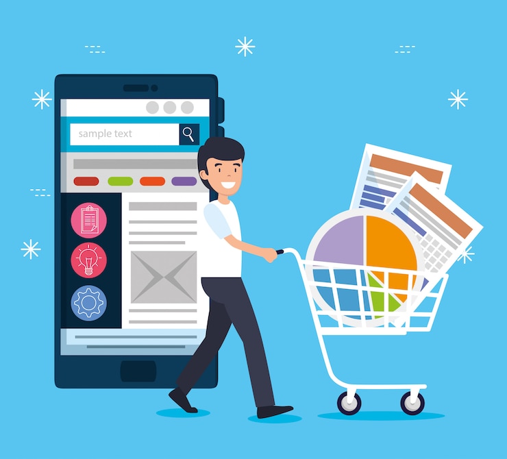 Free Vector man with shopping car and business finance