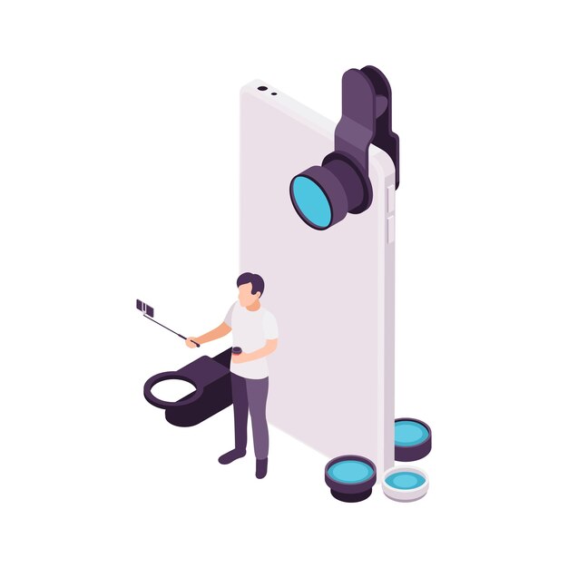 Man with smartphone making video vlogging isometric concept 3d illustration