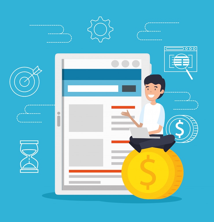 Free Vector man with tablet and laptop technology with coins