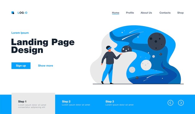 フラットスタイルのスペース隔離されたランディングページでVRヘッドセットを持つ男