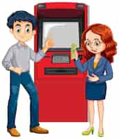 Free vector a man withdraw money from atm machine and his wife cartoon chara