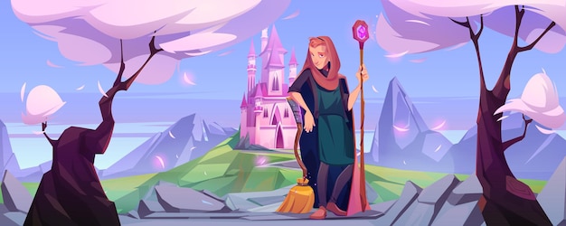 Free vector man wizard with magic staff on road to pink castle