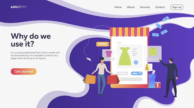 Мужчина и женщина покупают одежду онлайн с образцом текста