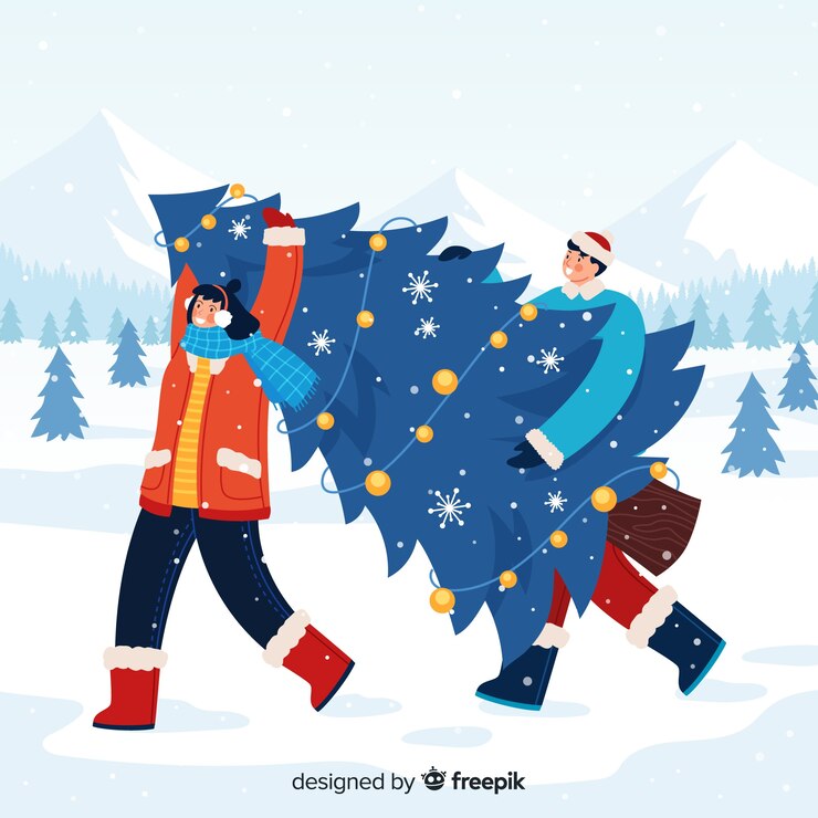 Free Vector man and woman carrying a christmas tree