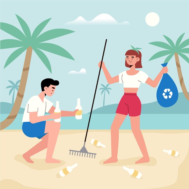 Мужчина и женщина вместе чистят пляж