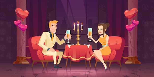 Free vector man woman couple romantic date in restaurant.