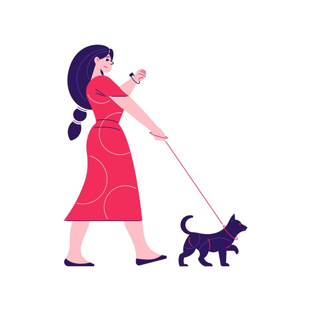 Man woman daily routine composition with character of woman walking her dog