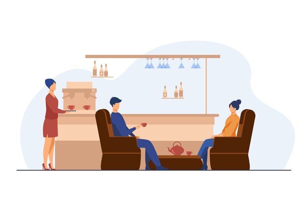 Мужчина и женщина пьют чай в кафе. Стекло, кресло, чашка плоских векторных иллюстраций. Концепция досуга и городского образа жизни