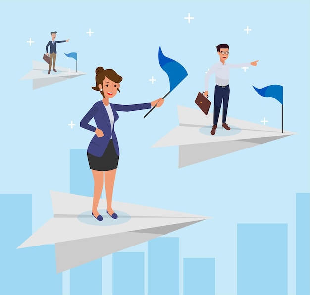 Man and woman employee standing on paper plane, skyscraper view. business ambitions, company success, leadership