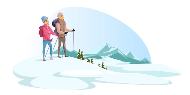 Free vector man and woman enjoy hiking during winter vacation tourism in mountains covered snow