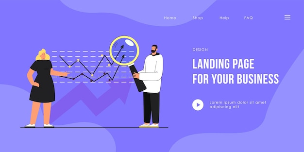 Free vector man and woman examining sales or financial statistics landing page template