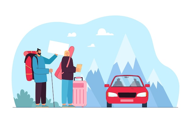 Man and woman hitchhiking on road flat vector illustration. Male and female tourists with backpacks and suitcases standing on road side and trying to stop car. Travel concept