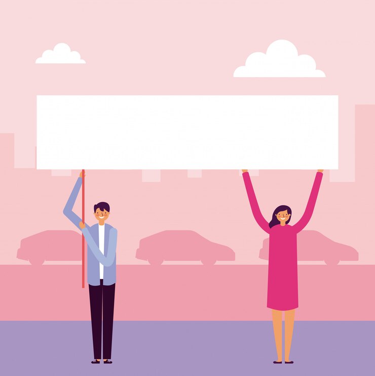 Free Vector man and woman holding banners