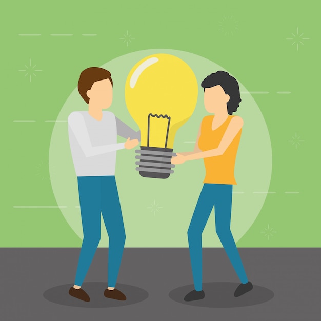 Man and woman holding bulb creativity, flat style