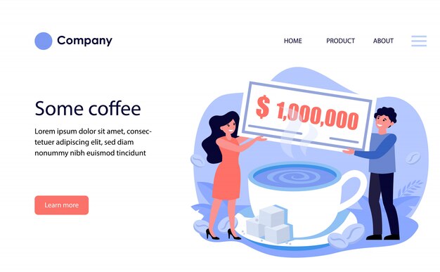 Man and woman holding million bill over coffee cup. Website template or landing page