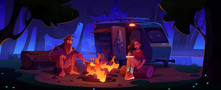 Free Vector man and woman near bonfire in forest at night