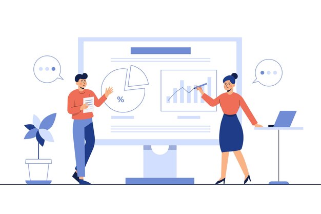Man and woman present jobs in front of the room about the growth of the company