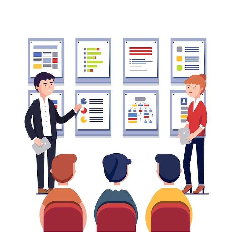 Free Vector man and woman presenting their project business
